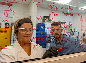 Chemistry students writing formulas on glass