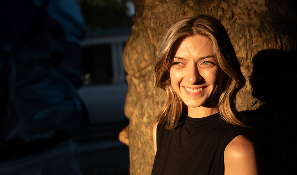 A woman in a black shirt 