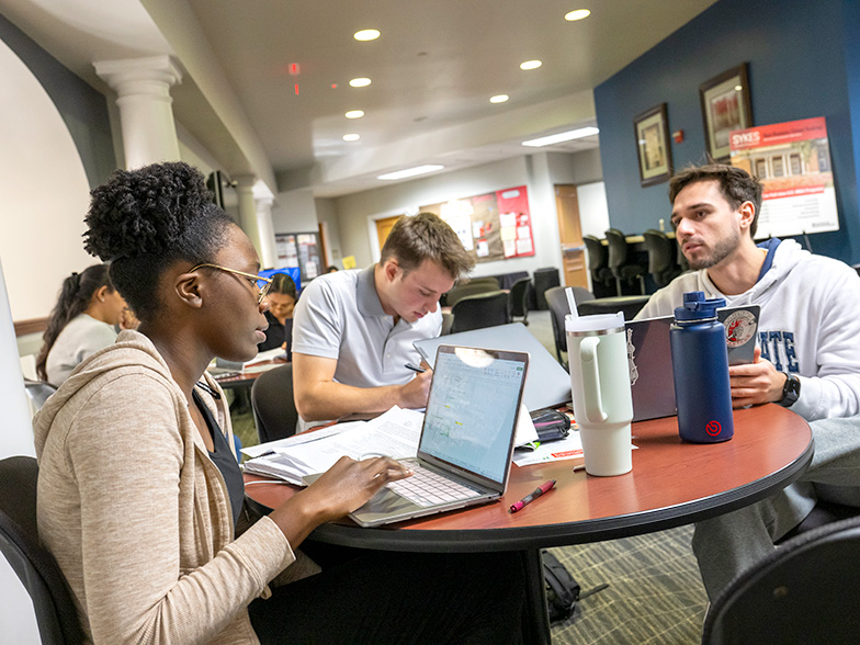Graduate students studying in the graduate study lounge in the Sykes College of Business.